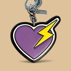 NWT COACH Heart & Bolt Silver Tone Bag Charm Or Key Ring Purple Black Yellow